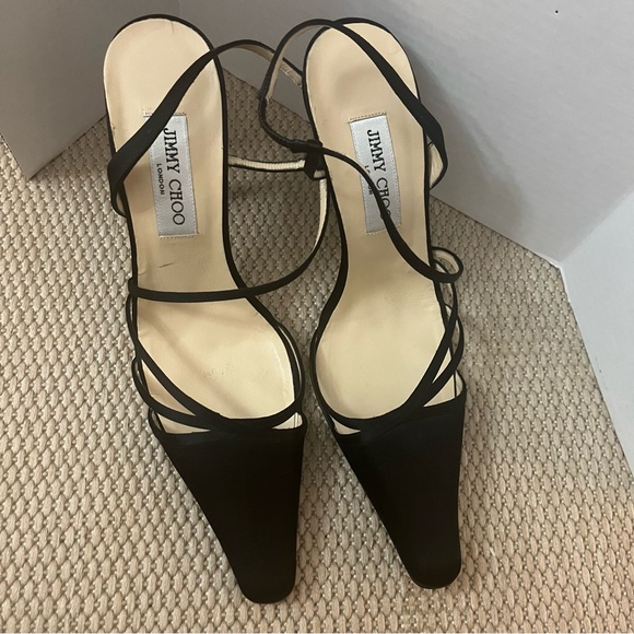 Jimmy Choo Black Strappy Pointed Round Toe Satin Heels Pumps Stiletto Size 9.5 - Picture 8 of 10